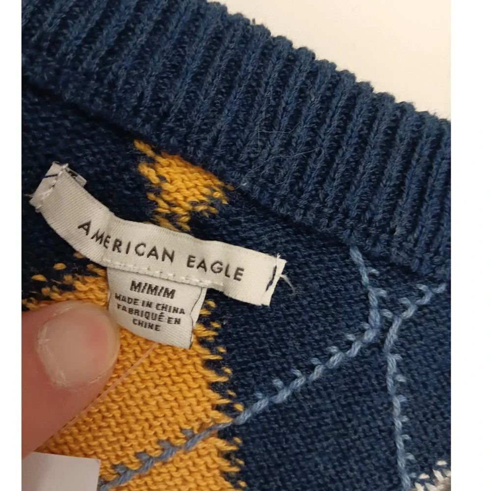 American Eagle Outfitters Argyle Sweater Vest Navy Blue Yellow White Women's M - Picture 4 of 9